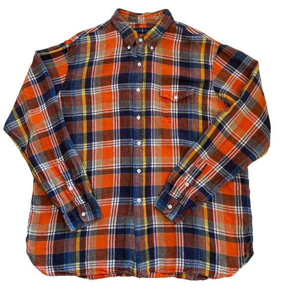 Ralph Lauren Shirt Mens Size 2XL Orange Plaid 100% Linen Button Up Long Sleeves - Picture 2 of 10